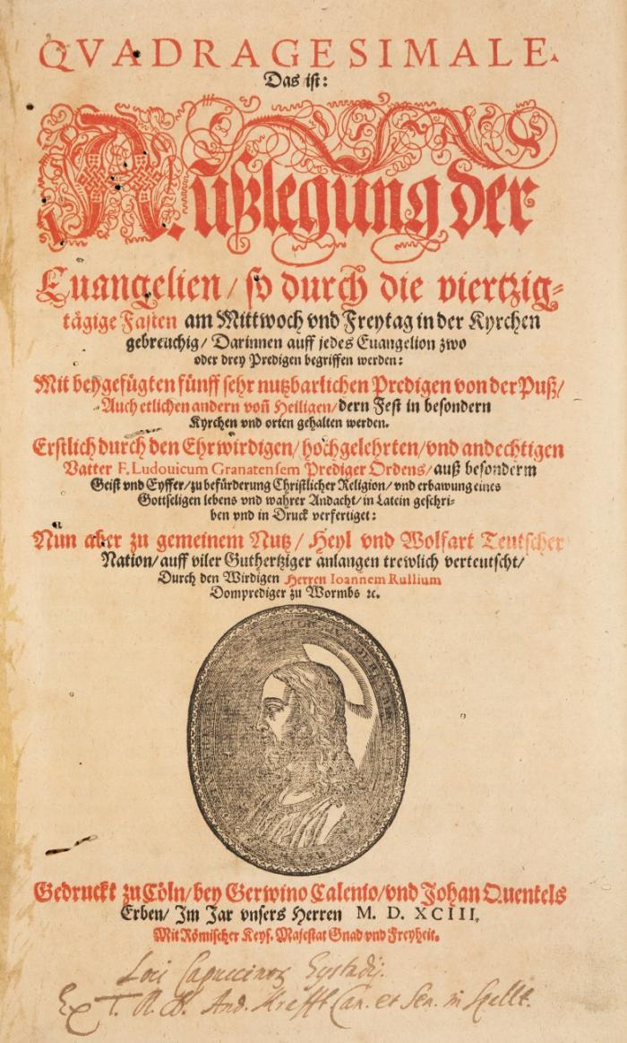 Quadragesimale. Das ist Außlegung der Evangelien, so durch die viertzigtägige Fasten am Mittwoch und Freytag in der Kyrchen gebreuchig, Darinnen auff jedes Evangelion zwo oder drey Predigen begriffen werden ... trewlich verteutscht, Durch den Wirdigen Herren Ioannem Rullium. 3 Tle. in 1 Bd.