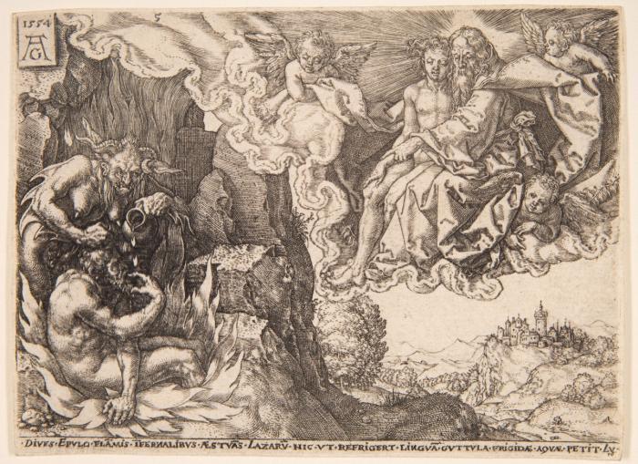 Der reiche Mann in der Hölle sieht wie Lazarus von Abraham empfangen wird. 1554.