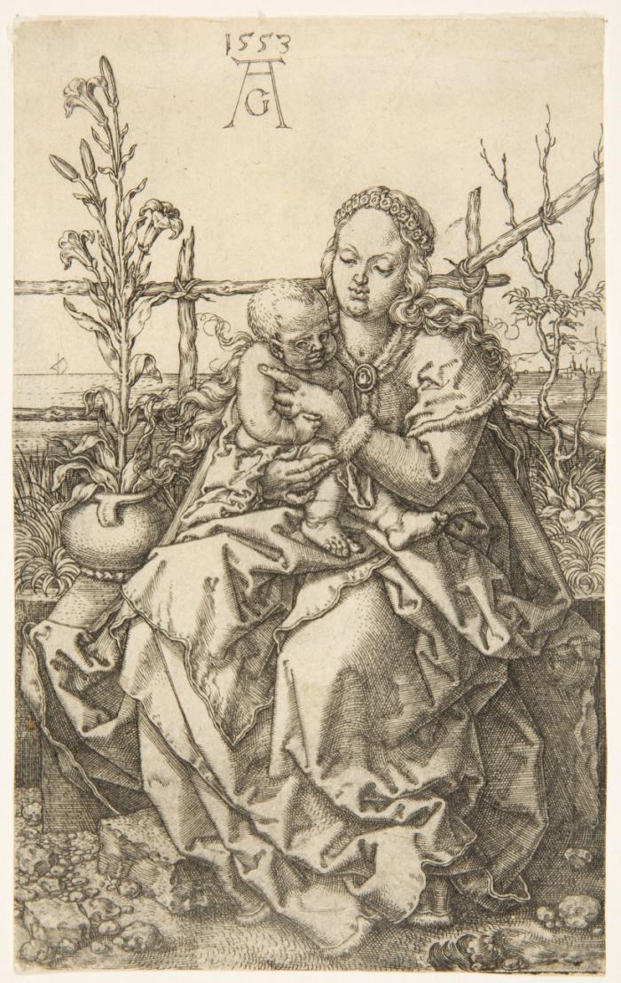 Die Jungfrau mit dem Kind auf einer grasbewachsenen Bank sitzend. 1553.