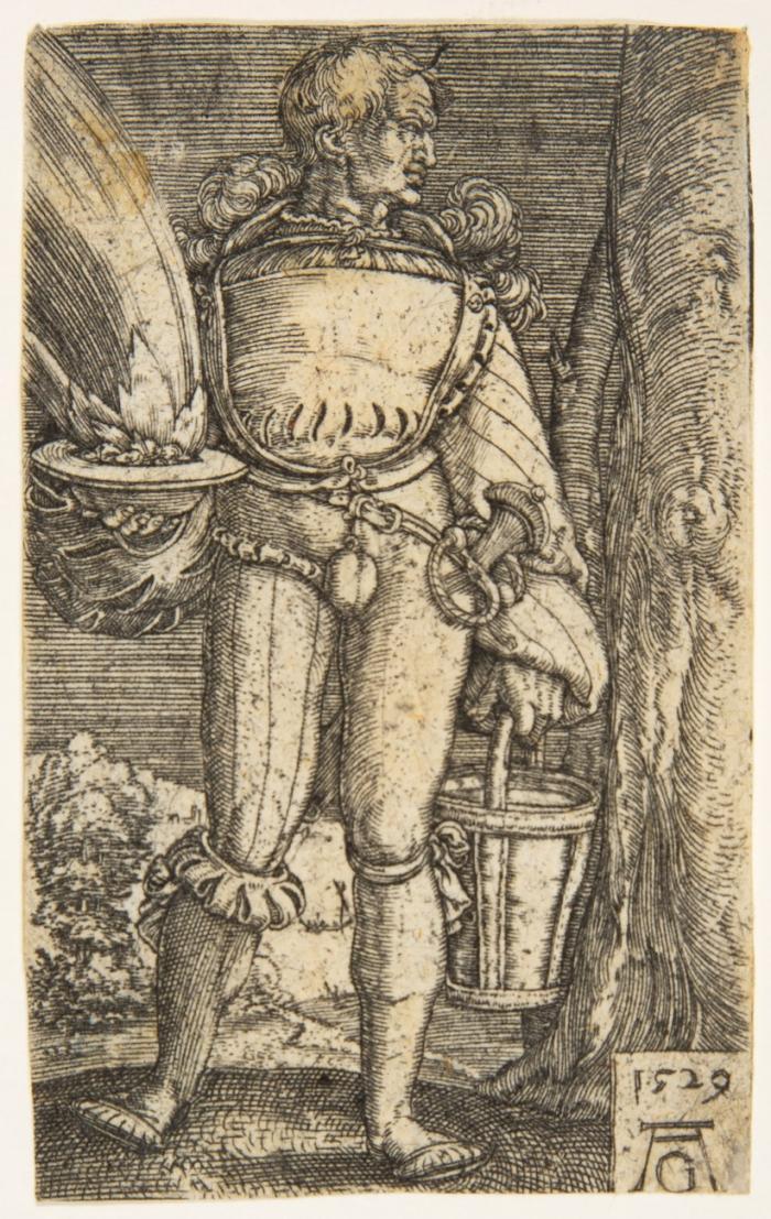 Fußsoldat mit Feuerschale und Eimer. 1529.