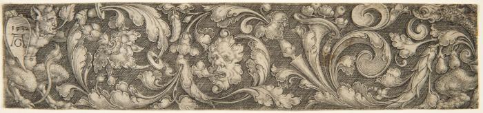 Ornament mit links einem Satyr, der ein Schild mit dem Monogramm des Künstlers hält. 1532.