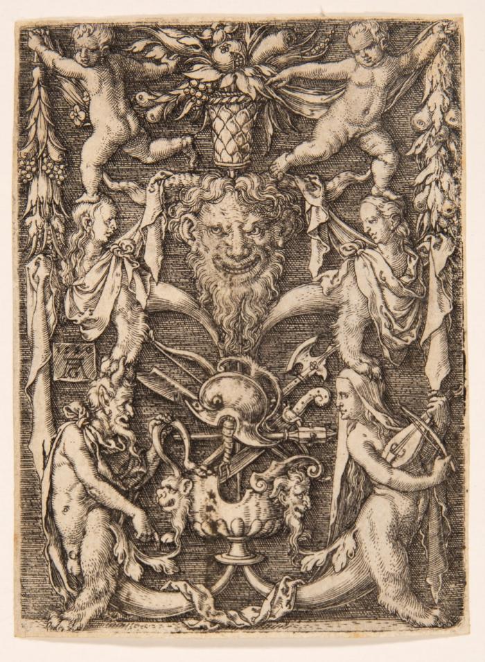 Ornament mit Satyrn, Kindern und einer Trophäe.