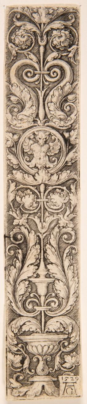 Ornament mit Rankwerk, das dem Körper eines Faun entspringt. / Ornament mit zwei Delphinen und geflügeltem Zentaur.