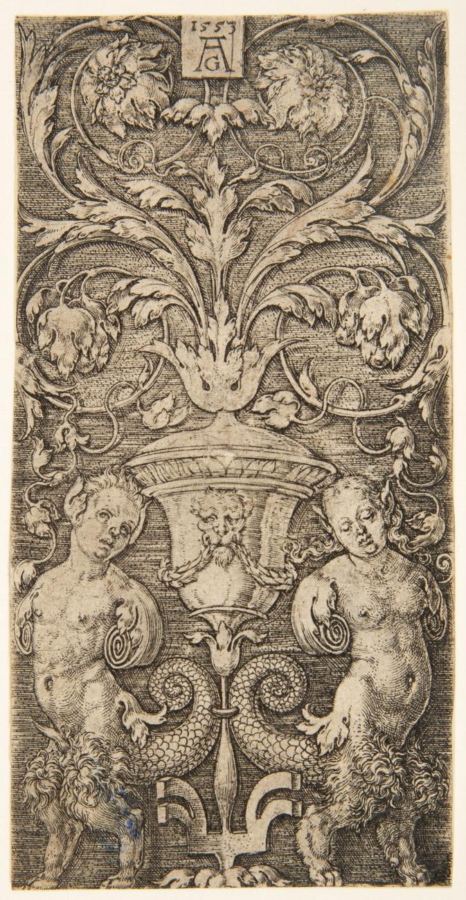 Vase zwischen zwei chimärischen Figuren. 1553.