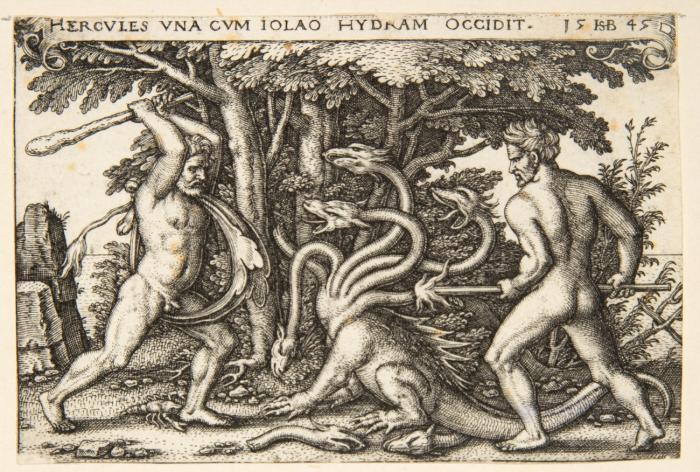 Herkules erschlägt die Hydra.