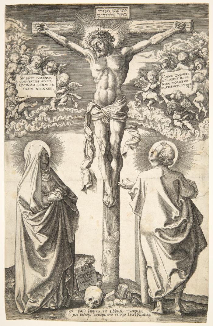 Christus am Kreuz zwischen der Jungfrau und dem Heiligen Johannes. 1542.