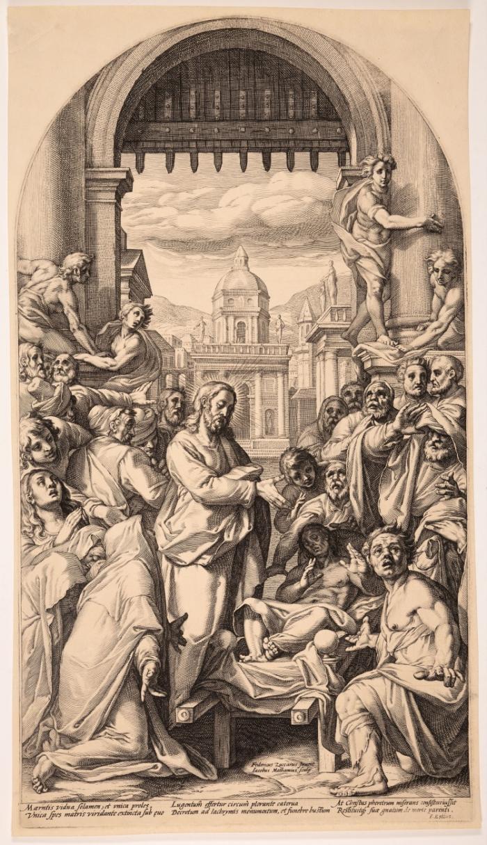 Christus erweckt den toten Sohn der Witwe von Naïn. Ca. 1593-94. Nach Federico Zuccari.
