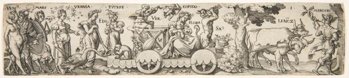 Allegorien der vier Jahreszeiten in Triumphzügen.