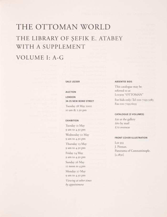The Ottoman World. The library of Sefik E. Atabey. 3 Auktionskataloge.