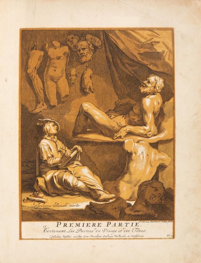 Oorspronkelyk en vermaard konstryk Tekenboek ... geestryk getekent, en meesterlyk gegraveert by zyn zoon Frederik Bloemaart ... In een gevoegelyke ordre geschikt door ... Bernard Picart. 8 Tle in 1 Bd. Amsterdam: R. u. J. Ottens 1740. 38,5 x 30,5 cm. Mit Titel in Rot u. Schwarz mit gest. Vignette von F. Ottens, gest. Widmung von J. C. Philips, gest. Porträt des Abraham Bloemaert mit übergedrucktem ockerfarbenem Chiaroscuro-Holzschnitt und 173 Kupfertafeln, dav. 8 mit Chiaroscuro-Überdruck, von Frederic nach Abraham Bloemaert. 3 Bll., 6 SS., 2 Bll. Mod. HLdr. mit Rt. u. Rv.