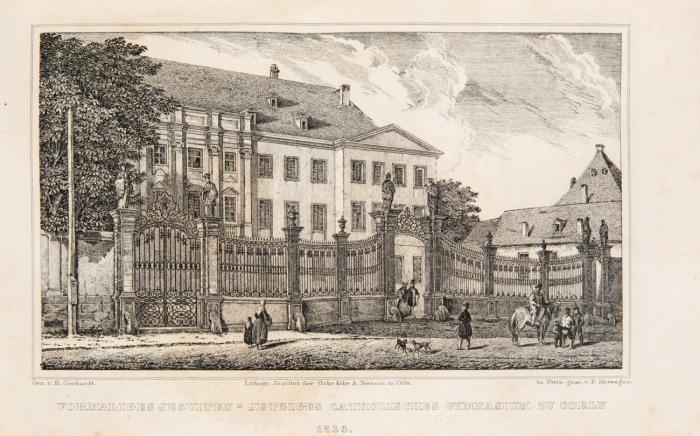 3 Werke in 4 Bdn.: Versuch einer Geschichte der ehemaligen Universität und der Gymnasien der Stadt Köln, so wie der an diese Lehr-Anstalten geknüpften Studien-Stiftungen, von ihrem Ursprunge bis auf die neuesten Zeiten. 2 Tle. in 1 Bd. + Die alte Universität Köln und die spätern Gelehrten-Schulen dieser Stadt, nach archivarischen und andern zuverlässigen Quellen. I. Theil. + Die ehemalige Universität und die Gymnasien zu Köln, so wie die an diese Lehr-Anstalten geknüpften Studien-Stiftungen von ihrem Ursprunge bis auf unsere Zeiten. II. Theil. 2 Tle. in 2 Bdn.