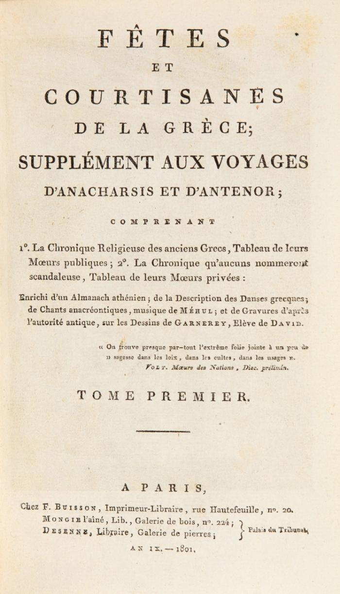 Fêtes et courtisanes de la Grèce. Supplément aux voyages d'Anacharsis et d'Antenor. Bände 1-3 (von 4).