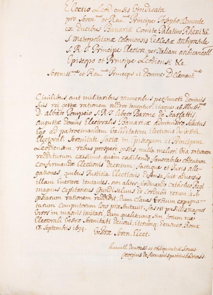 Electio Leodiensis Vindicata pro Serenissimo et Reverendissimo Principe Josepho Clemente ex ducibus Bavariae Comite Palatino Rheni.