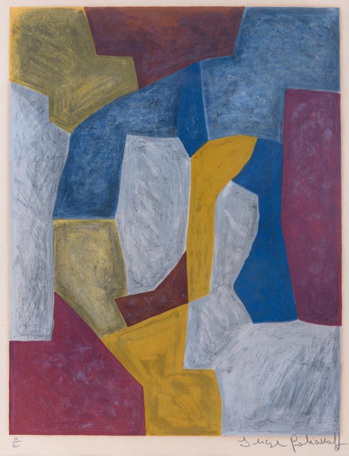 Komposition in Karminrot, Gelb, Grau und Blau