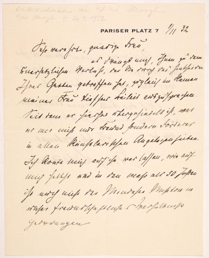 Max Liebermann. Eigh. Brief vom 1.11.1932, Beileidsbrief an Frau Slevogt.