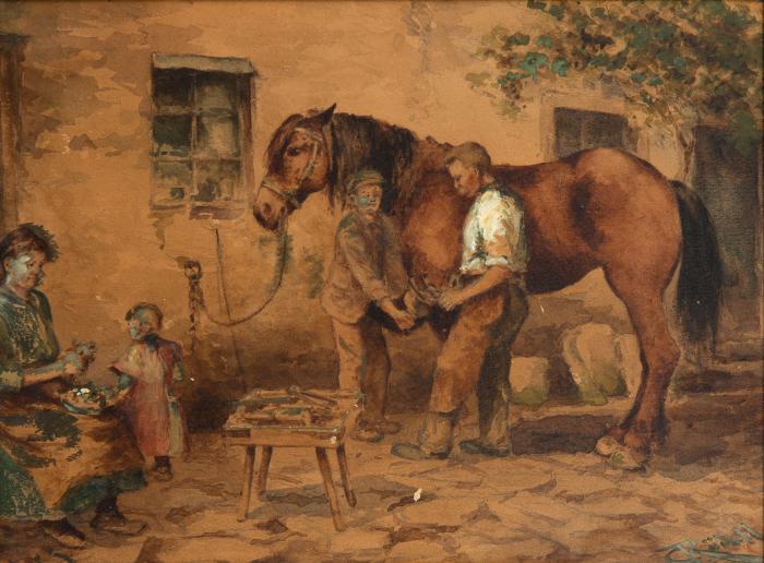 Beim Hufschmied / An der Kellertreppe (Interieurszene)