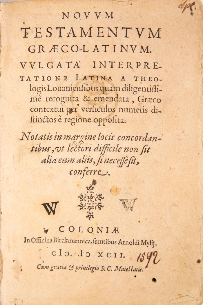 Biblia graeca. - Novum testamentum graeco-latinum. Vulgata interpretatione latina a theologis Lovaniensibus quam diligentissime recognita & emendata, graeco contextui per versiculos numeris distinctos è regione opposita.