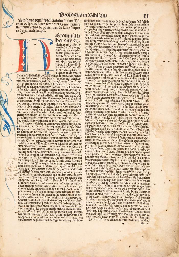 Biblia latina. - Biblia latina cum postillis Nicolai de Lyra et expositionibus Guillelmi Britonis in omnes prologos S. Hieronymi et additionibus Pauli Burgensis replicisque Matthiae Doering. Bde. I, II und IV (von IV).