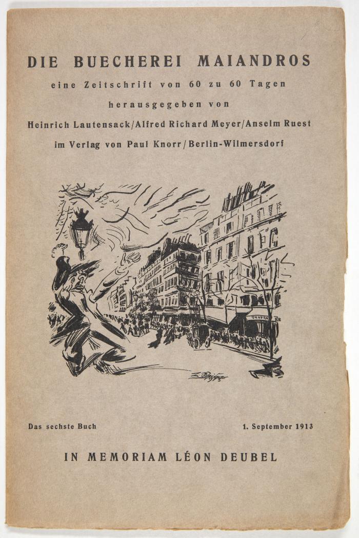 DIE BUECHEREI MAIANDROS
Eine Zeitschrift von 60 zu 60 Tagen. Hrsg. von Heinrich Lautensack, Alfred Richard Meyer und Anselm Ruest. Buch 1-6 in 5 Bdn. (alles Erschienene). Eingebunden: Das Beiblatt der Buecherei Maiandros 1-6.