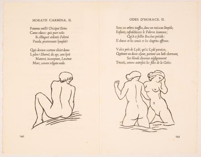 ARISTIDE MAILLOL
HORAZ (QUINTUS HORATIUS FLACCUS): Carmina / Odes I (et) II. Texte latin et traduction en vers par le Baron Delort. 2 Bde. Paris: Gonin 1939.