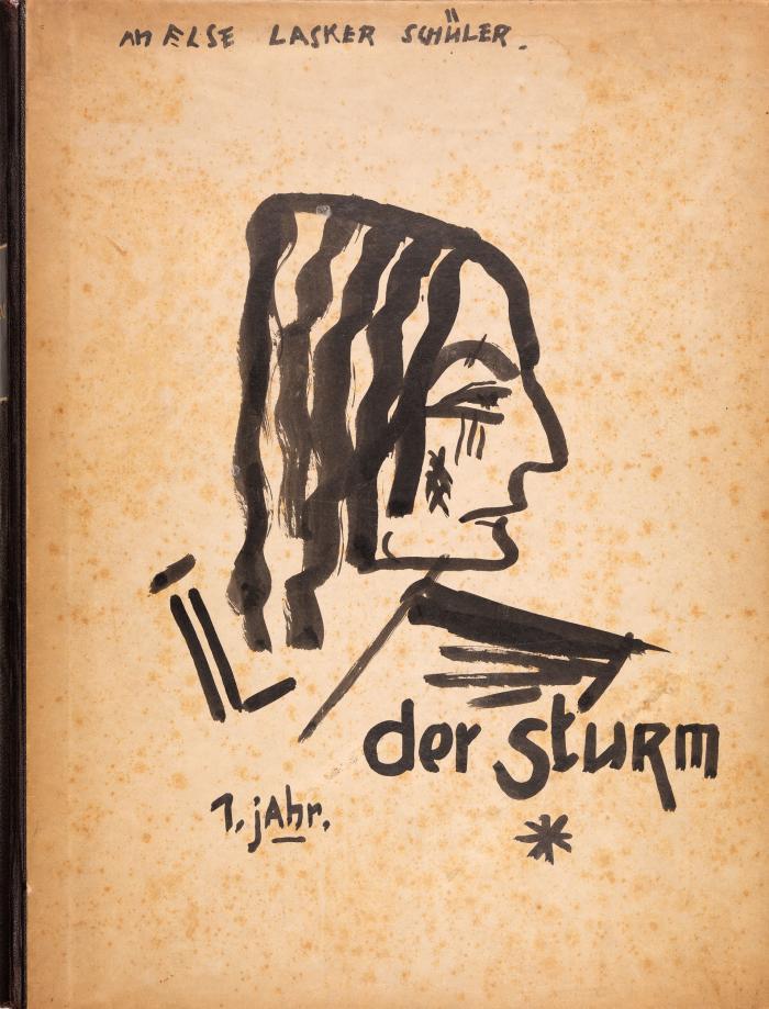 DER STURM
Wochenschrift für Kultur und die Künste. Hrsg. v. Herwarth Walden. Erster Jahrgang. 56 Hefte in 1 Bd. Berlin: Verlag Der Sturm 3. März 1910 bis 25. März 1911. 37,2 x 28,3 cm. 448 (von 450) SS. HLn. mit Rs. und namenloser Deckelzeichnung, überschrieben: „An Else Lasker Schüler“.
