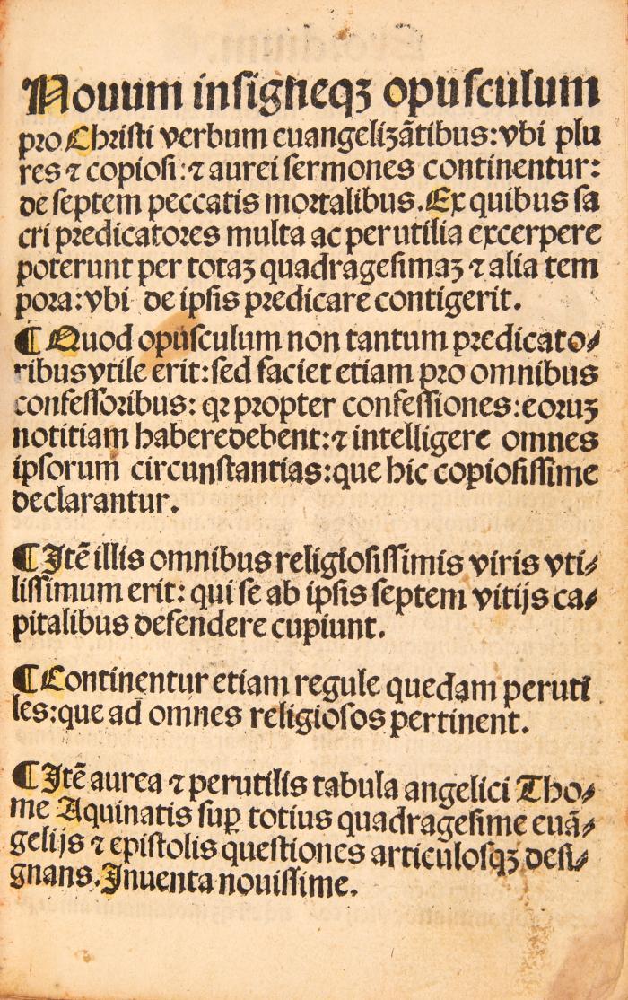 Sermones de septem peccatis mortalibus. - Daran: Regul(a)e pro religiosos (und) Tabula Thome Aquinatis sup(er) totius quadragesim(a)e evangeliis et epistolis.