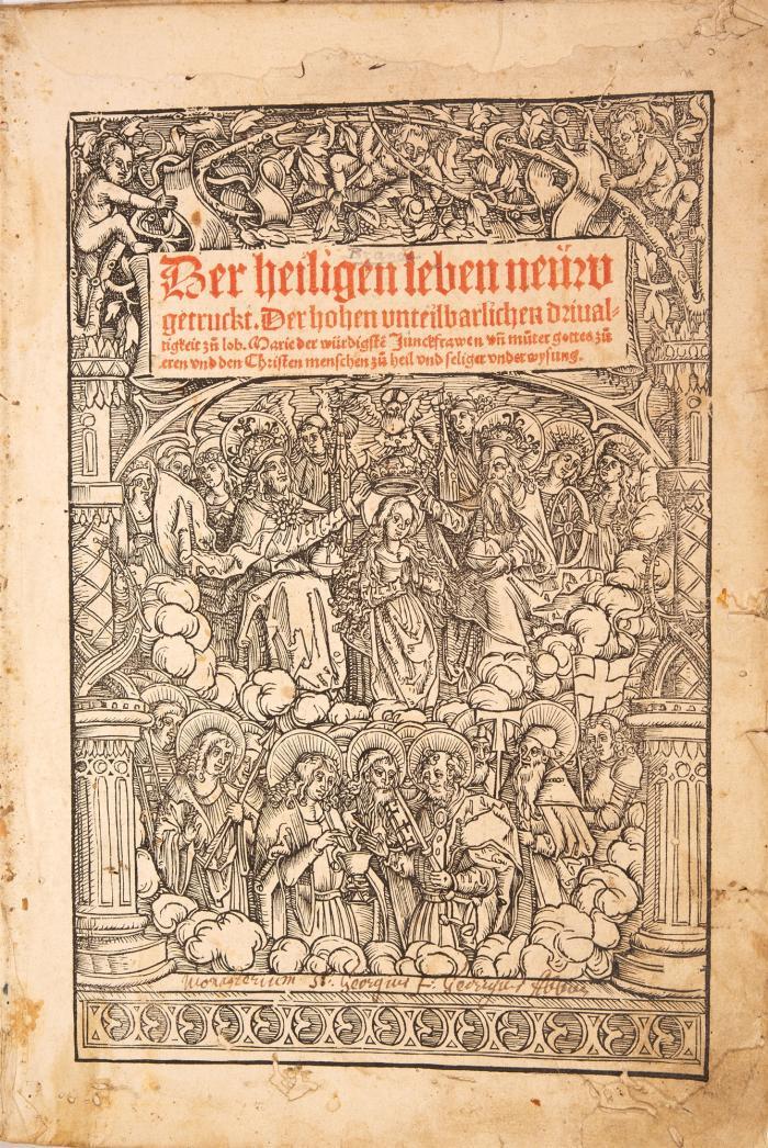 Heiligenleben. - Der heiligen leben neüw getruckt. Der hohen unteilbarlichen drivaltigkeit zu lob. Marie der würdigsten Junckfrawen un(d) muter gottes zu eren und den Christen menschen zu heil und seliger underwysung. 2 Tle. (Sommer- und Winterteil) in 1 Bd. (Hrsg. v. S. Münster. Vermutl. Straßburg: M. Hupfuff 1513). 30,5 x 21,2 cm.