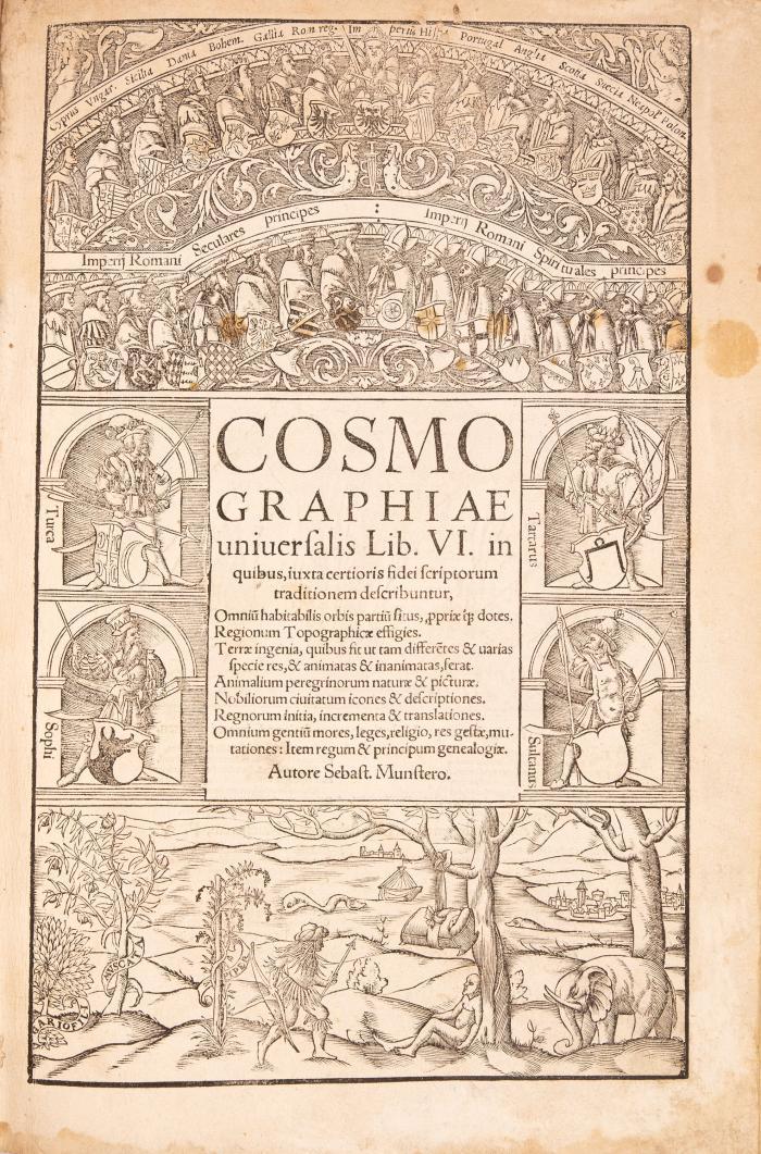 Münster, Sebastian: Cosmographiae universalis Lib. VI. in quibus, iuxta certioris fidei scriptorum traditionem describuntur. Basel: H. Petri 1550. 32,2 x 21,6 cm. Titel mit breiter illustrierter Hz.-Bordüre von H. R. Manuel Deutsch, Hz.-Porträt des Autors auf der Titelrückseite, 14 doppelblattgr. Hz.-Karten, 3 gefalt. Hz.-Stadtansichten, 37 doppelblattgr. Hz.-Ansichten und -Plänen sowie über 900 (teils wiederh.) Textholzschnitten. 12 Bll., 474 SS., 2 Bll. (Ansicht v. Speyer), S. 475-480, 2 Bll. (Ansicht v. Worms), S. 481-1162, 2 nn. SS. Späteres hellbraunes Ldr. über Holzdeckeln unter Verwendung alter blindgepr. Ldr.-Deckelbezüge (31 x 19 cm) mit goldgepr. Rt. und 2 Metallschließen an Lederbändern.
