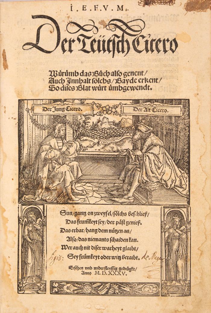 Sammelband mit 2 bei Steiner gedruckten Cicero-Werken. Augsburg: H. Steiner 1535. 28,5 x 19,5 cm. Späteres blindgepr. Schweinsleder über Holzdeckeln mit 2 Messingschließen, hs. Rt. und hs. Rs.