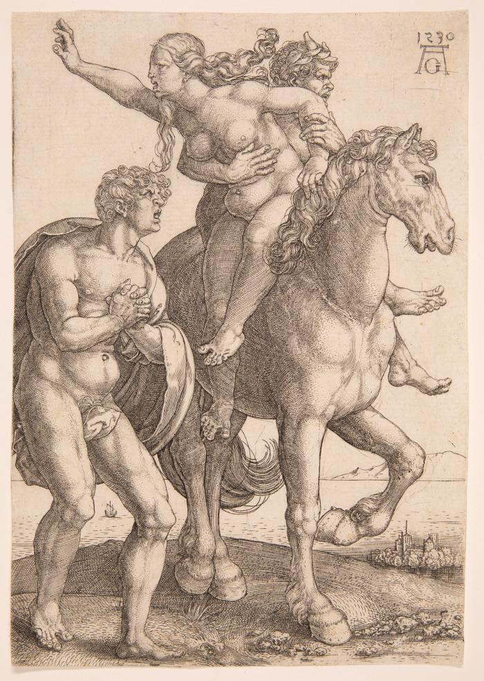 Reitender Satyr raubt eine Frau