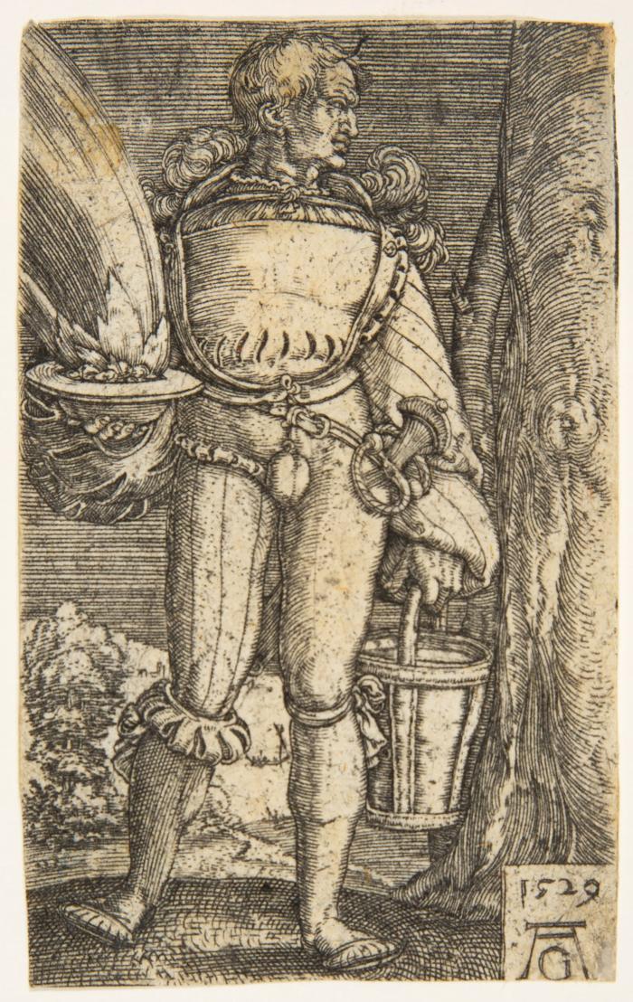 Fußsoldat mit Feuerschale und Eimer