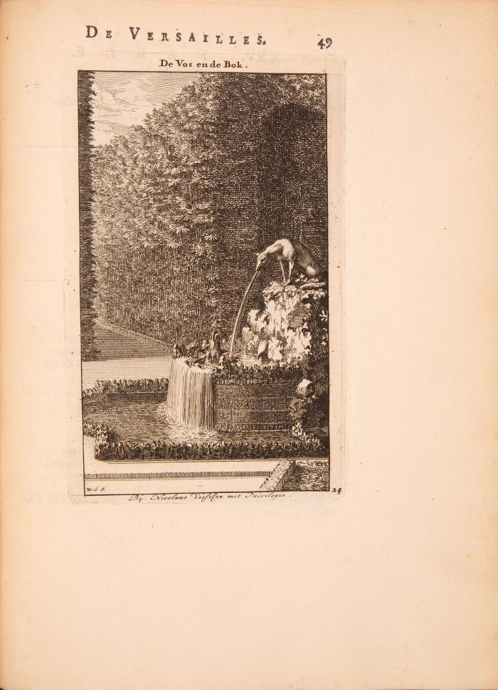 Versailles. - ’t Doolhoof te Versailles, Bestande in XLI. Keurelyke Verbeeldingen van alle de uitmuntende Fonteine van het zelve Doolhof. Verrykt met de uitlegging der Fabelen, die door de zelven vertoond worden, in vier Taalen, Frans, Engels, Hoog- en Nederduits. In‘t Nederduits door Anthoni Jansz. van der Goes.