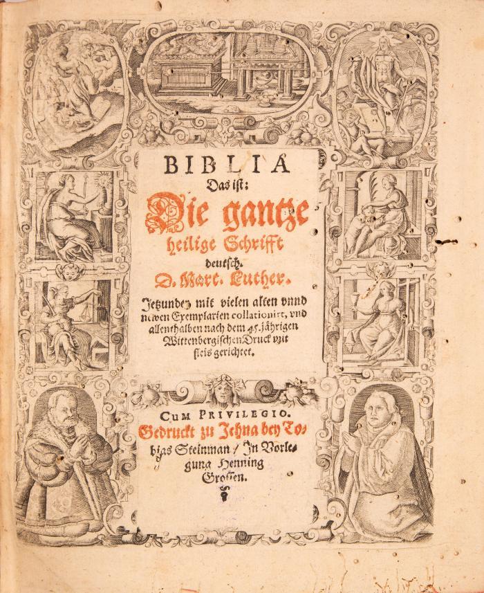 Biblia germanica. - Biblia das ist: Die gantze heilige Schrifft deutsch. Jetzunder mit vielen alten unnd newen Exemplarien collationiert ... Jena: Tobias Steinmann für Henning Grosse (1608).