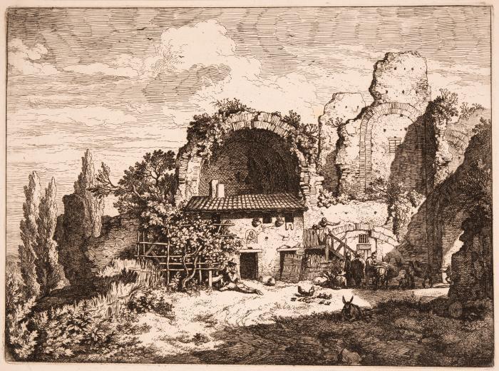 3 Radierungen: 1) Die Maulthiertreiber-Herberge. 1769. Blattgröße ca. 22,3 x 30,5 cm. Linck 123 IV (v. IV). Auf Unterlagekarton montiert. 2) Die große Landschaft mit der Pyramide. Blattgröße ca. 26,5 x 36 cm. Linck 171 III (v. III). Auf Unterlagekarton montiert, Eckausriss unten rechts. 3) Tierstudie mit Widderkopf, zwei liegende Lämmer und ein Schaf. Blattgröße ca. 8,2 x 16,5 cm. Linck 177 III (v. III). Mit breitem Rand um die Plattenkante, Montagespuren.