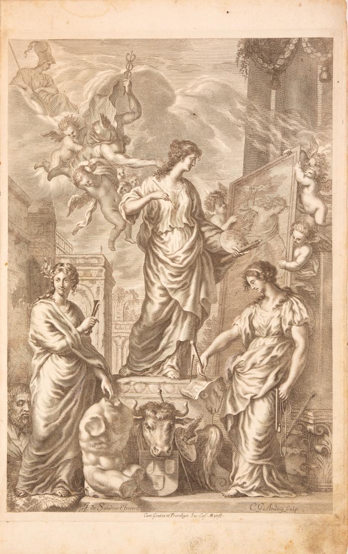 L’Academia Todesca. Oder Teutsche Academie der Edlen Bau-, Bild- und Mahlereykünste. [Bd. I] Tl. I, Buch 1, 2 und 3 sowie Tl II, Buch 1, 2 und 3 (ohne Supplement). Nürnberg und Frankfurt: Joh. Phil. Miltenberger für Jac. von Sandrart und Matth. Merian 1675.