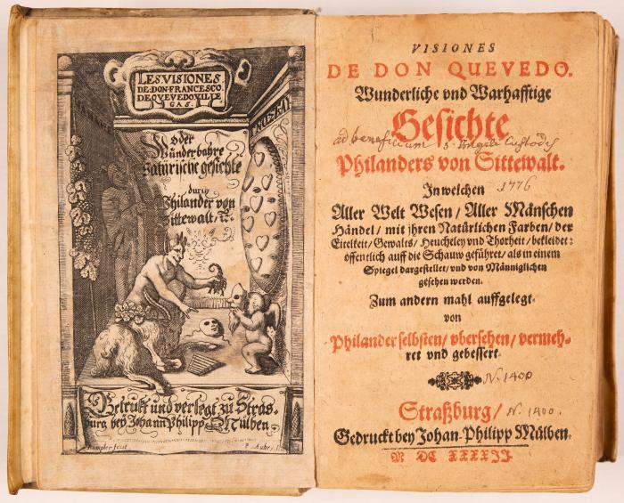 Visiones de Don Quevedo. Wunderliche und Warhafftige Gesichte Philanders von Sittewaldt. In welchen Aller Welt Wesen, Aller Mänschen Händel, mit ihren Natürlichen Farben ... gesehen werden. Zum andern mahl auffgelegt ... und gebessert. 2 in 1 Bd.