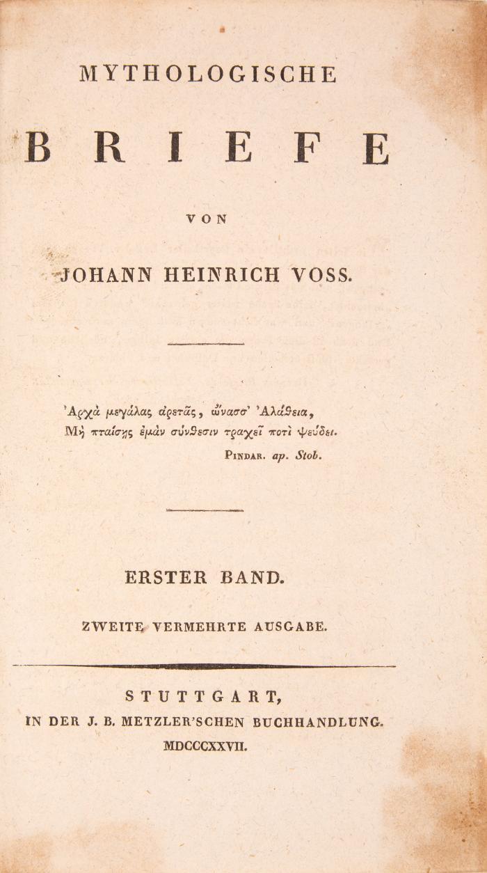 Mythologische Briefe. 5 Bände. Bde 1-3 in 2. verm. Aufl. hrsg. v. C. Niebuhr. Bde 4 + 5 hrsg. v. H. G. Brzoska unter dem Untertitel 'Mythologische Briefe'