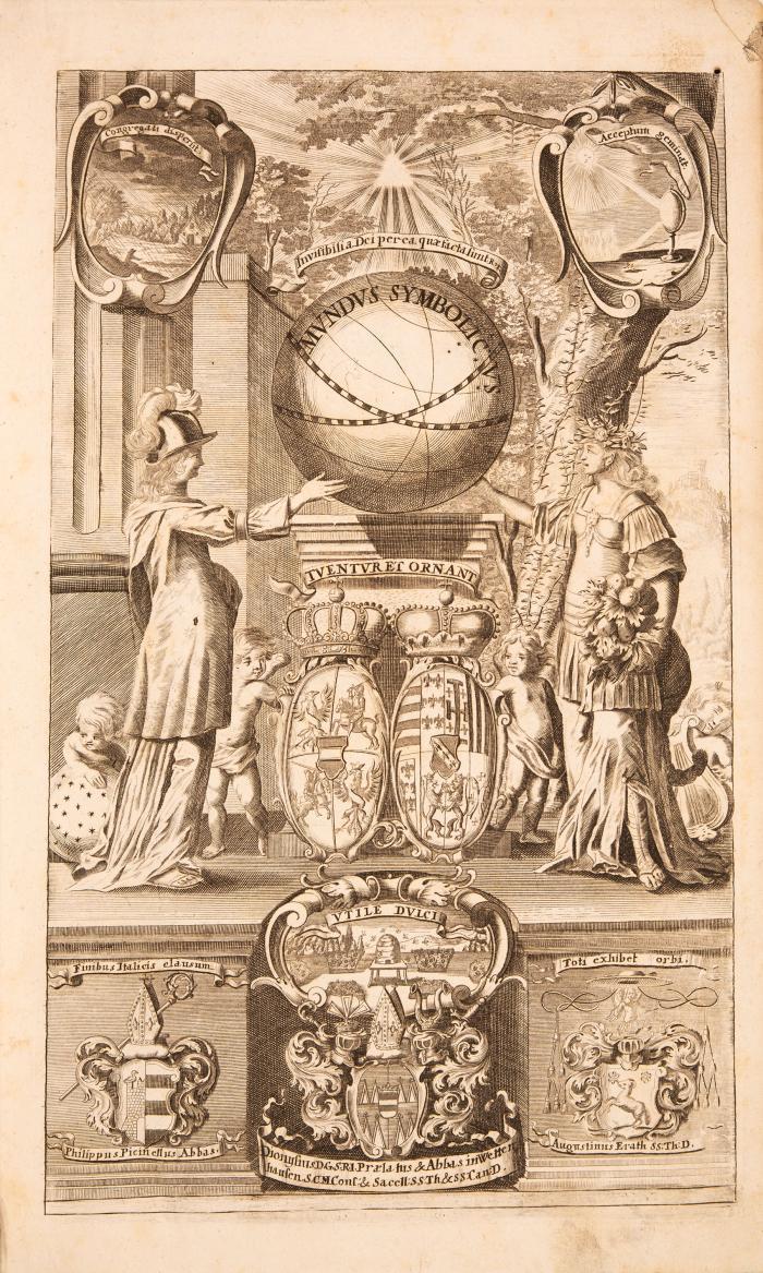 Mundus symbolicus, in emblematum universitate formatus, explicatus, et tam sacris, quam profanis eruditionibus ac sententiis illustratus. Justo volumine auctus & in latinum traductus à R. D. Augustino Erath. 2 Tle. in 1 Bd.