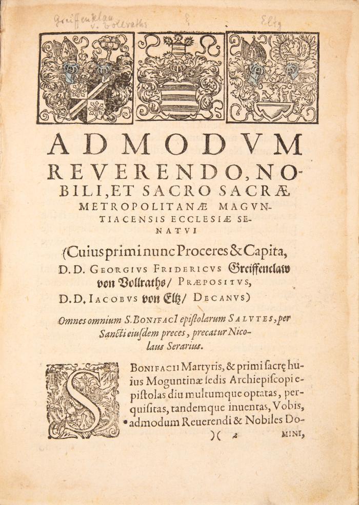 (Serarius, Nicolaus: Epistolae S. Bonifaci martyris primi Moguntini Archiepiscopi. Mainz: B. Lipp 1605).