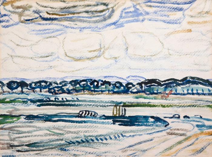 Flache Landschaft (verso: Baumreihe)