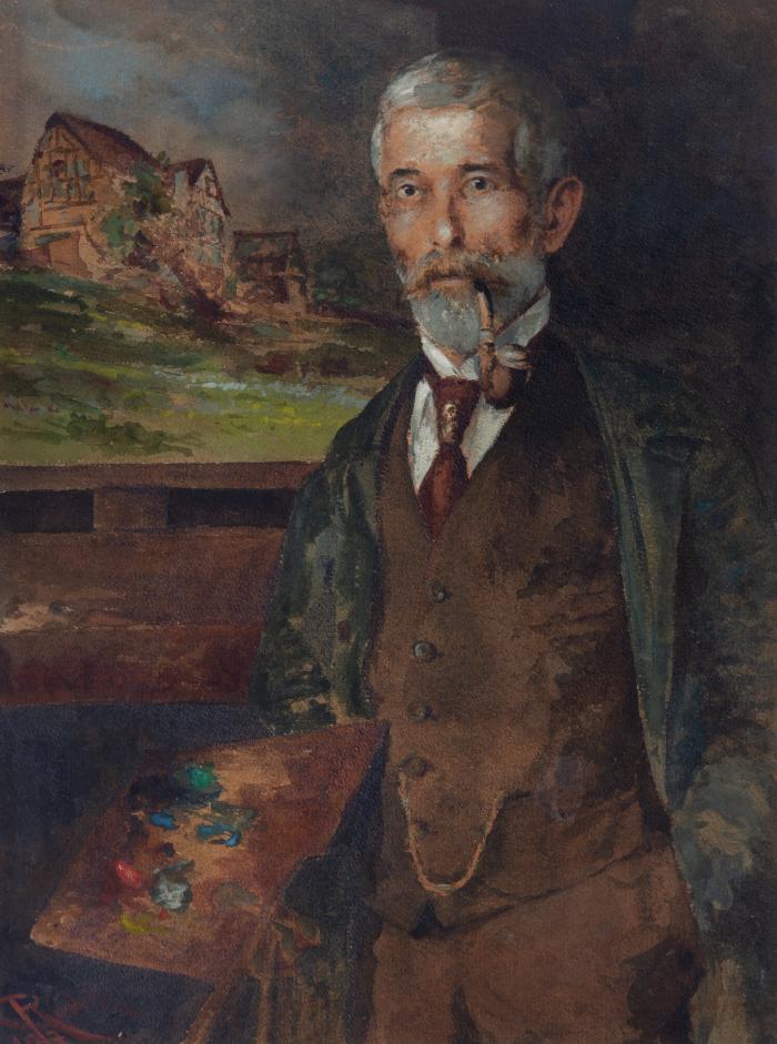 Selbstbildnis vor Staffelei 1917 / Ansicht mit Fachwerkhaus