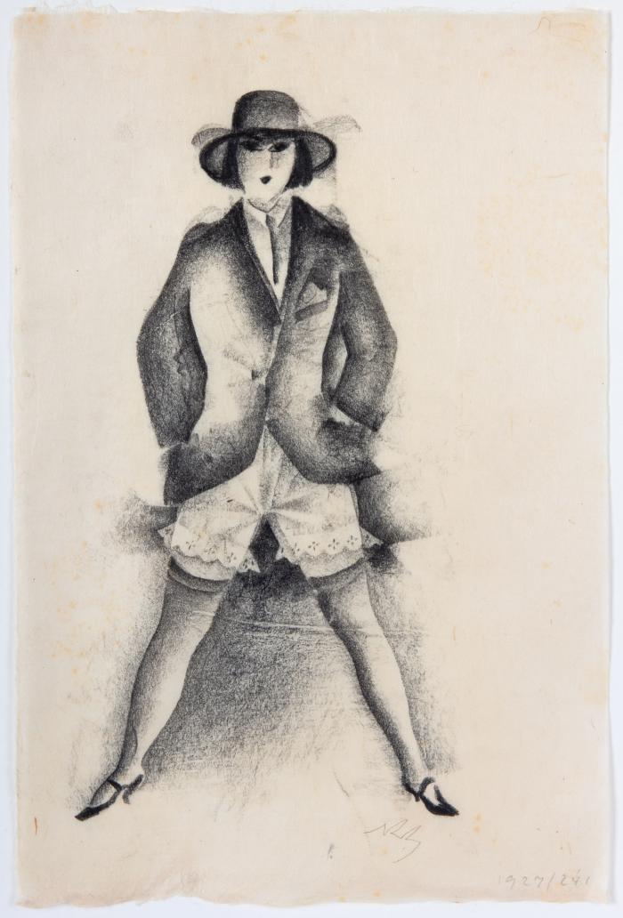 Frau mit Hut, Jacke und Spitzenhöschen