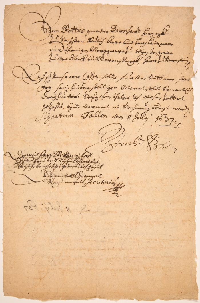Bernhard, Herzog v. Sachsen-Weimar. Schriftstück mit eigenh. U. Fallon, 8.VII.1637.