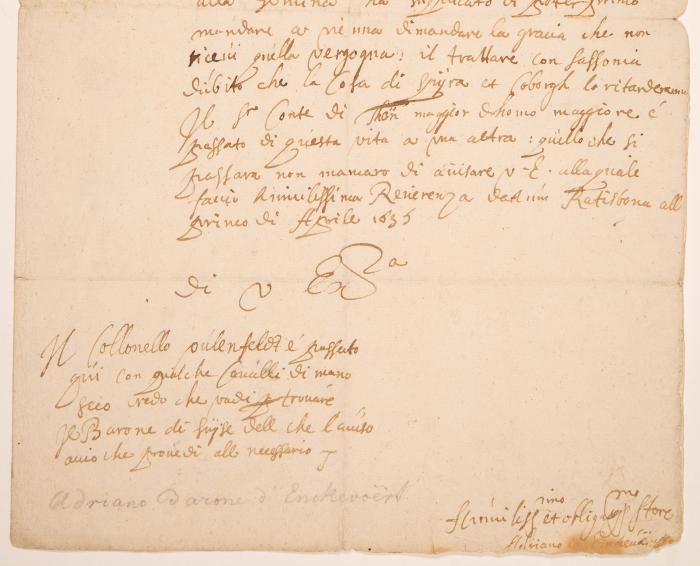 A. v. Enkevort. Eigenh. Brief mit U. Regensburg, 1.IV.1635.