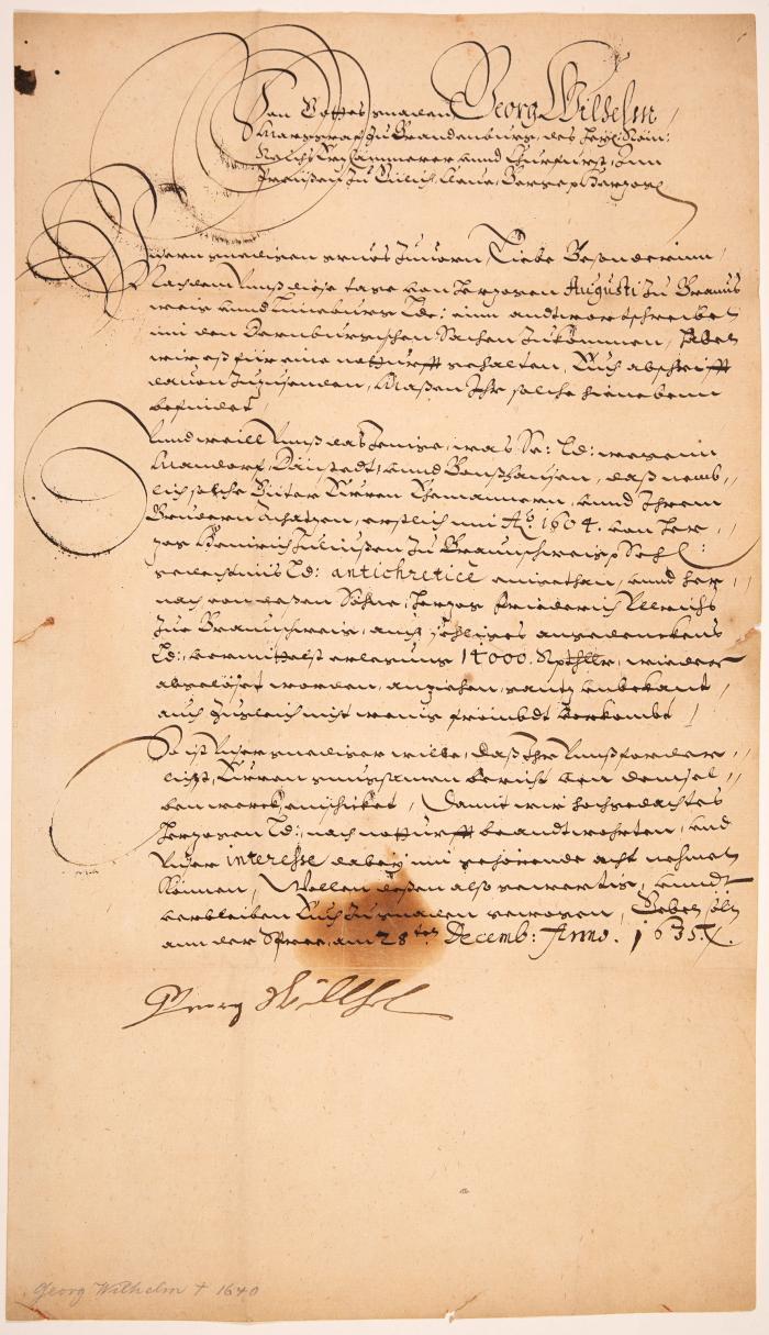 Georg Wilhelm, Kurfürst von Brandenburg. Brief mit eigenh. U. Cölln an der Spree, 28.XII.1635.