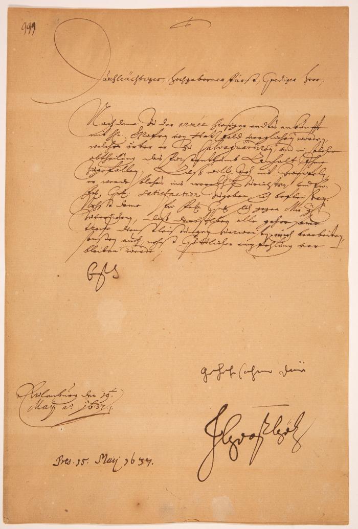 J. v. Götzen. Brief mit eigenh. U. Festung Eilenburg, 29.V.1637.