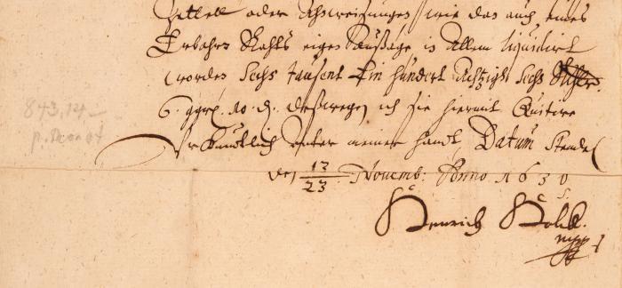 H. v. Holk. Quittung mit eigenh. U. Stendal, 23.XI.1630.