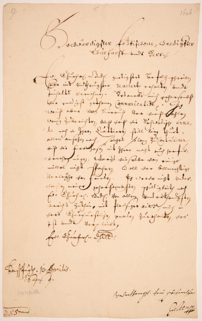 G. Huyn v. Geelen. Brief mit eigenh. U. Haßfurt, 13.IV.1646.