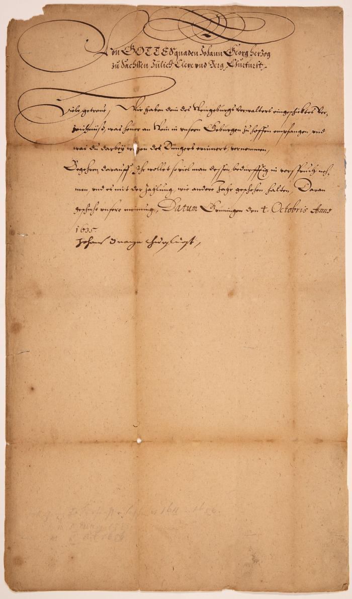 Johann Georg I., Kurfürst von Sachsen. Schriftstück mit eigenh. U. Grüningen, 4.X.1635.