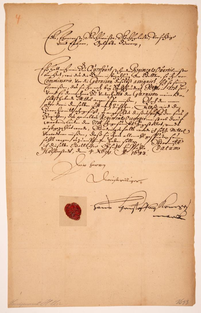 H. C. Königsmarck. Schriftstück mit eigenh. U. Halberstadt, 4.XII.1643.